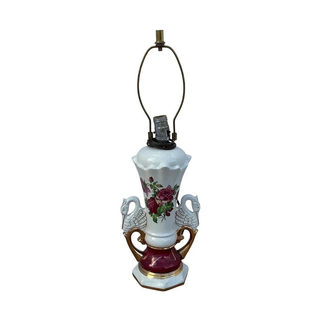 Vintage‎ Swan Handle Ceramic Lamp Floral Rose Design Gold Trim Burgundy White